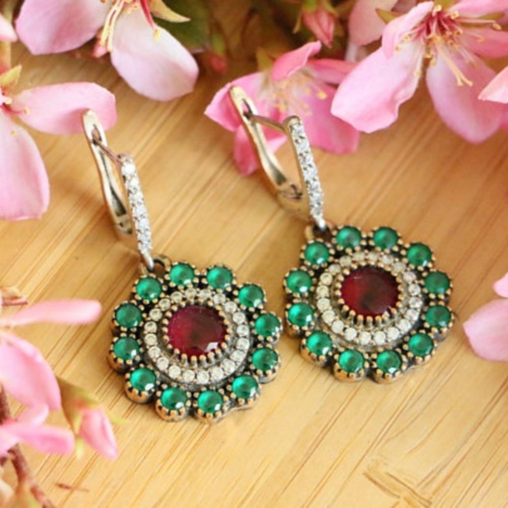 Sterling Silver Jade Stones and Cubic Zirconia